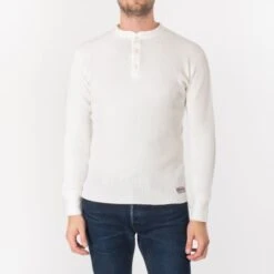 Waffle Knit Long Sleeved Thermal Henley - White
