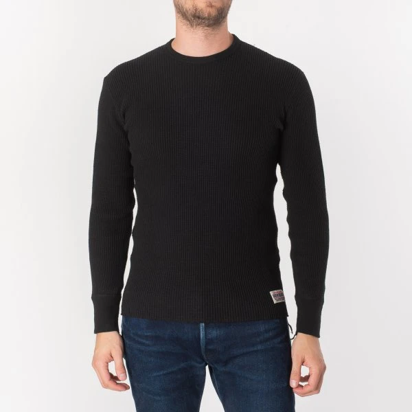 Waffle Knit Long Sleeved Crew Neck Thermal Top - Black 3 Waffle Knit Long Sleeved Crew Neck Thermal Top - Black