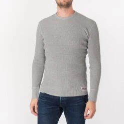 Waffle Knit Long Sleeved Crew Neck Thermal Top - Grey