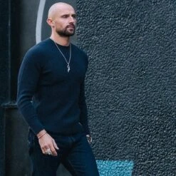 Waffle Knit Long Sleeved Crew Neck Thermal Top - Navy 10 Waffle Knit Long Sleeved Crew Neck Thermal Top - Navy -Denim Clothing-Iron Heart International ihtl 1301 nav 2