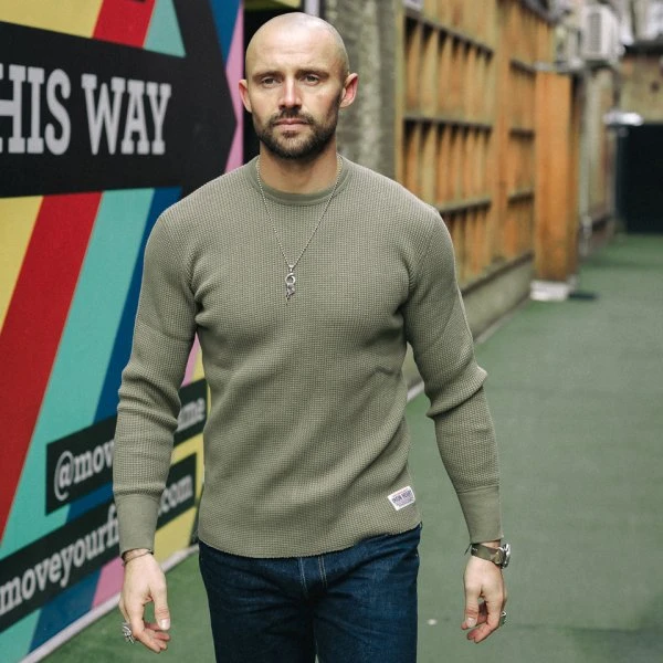 Waffle Knit Long Sleeved Crew Neck Thermal Top - Olive 5 Waffle Knit Long Sleeved Crew Neck Thermal Top - Olive - Image 3