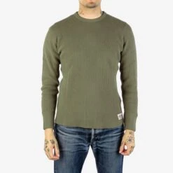 Waffle Knit Long Sleeved Crew Neck Thermal Top - Olive