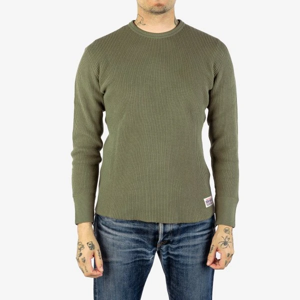 Waffle Knit Long Sleeved Crew Neck Thermal Top - Olive 3 Waffle Knit Long Sleeved Crew Neck Thermal Top - Olive