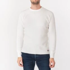 Waffle Knit Long Sleeved Crew Neck Thermal Top - White