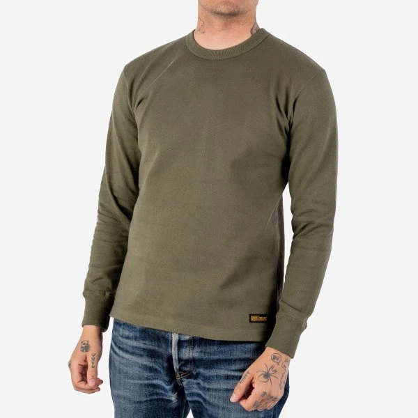 11oz Cotton Knit Long Sleeved Crew Neck Sweater - Olive 3 11oz Cotton Knit Long Sleeved Crew Neck Sweater - Olive