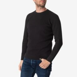 Cotton Knit Crew Neck Long Sleeved Thermal Sweater - Black