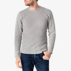Cotton Knit Crew Neck Long Sleeved Thermal Sweater - Grey